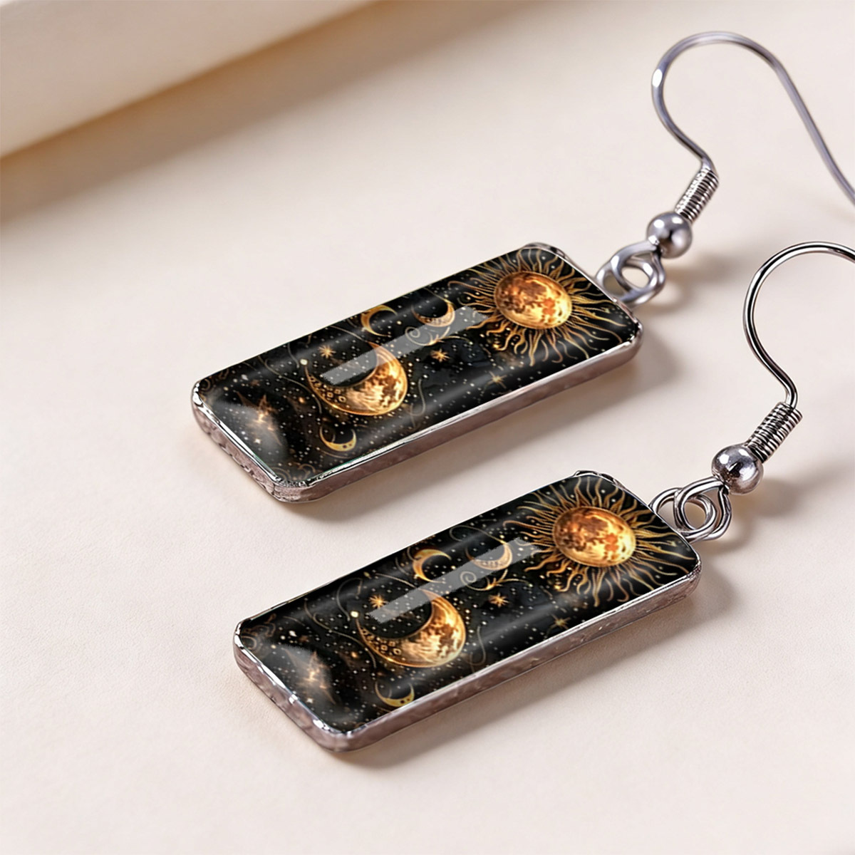 Women's Vintage Black & Gold Pattern Crescent Moon Drop Earrings
